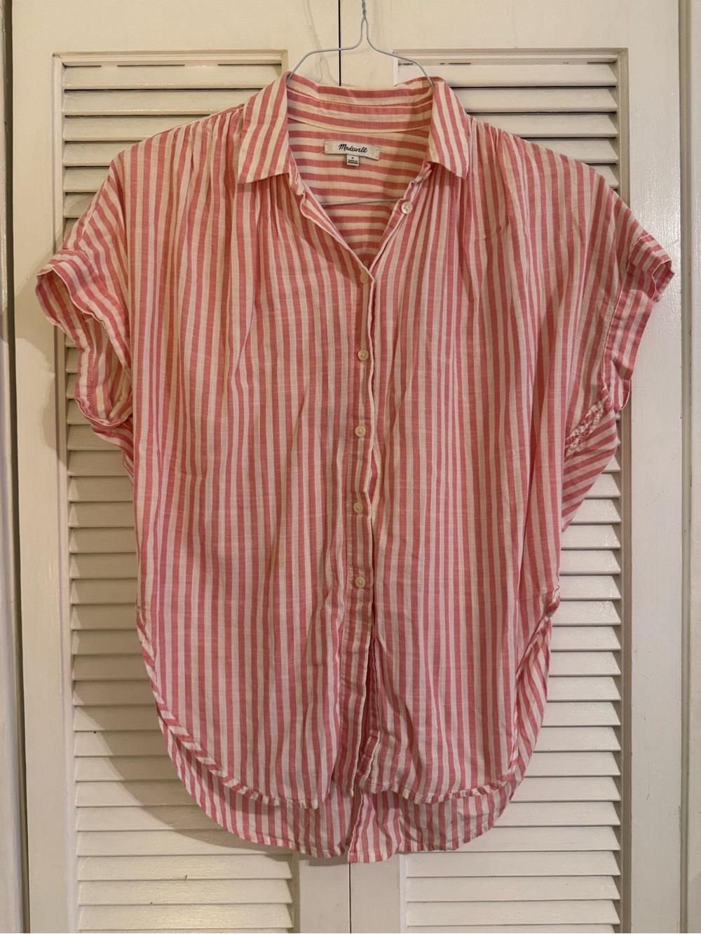 Madewell Pink and White Striped Button-Up: Central Tie-Back Shirt in Rose Stripe